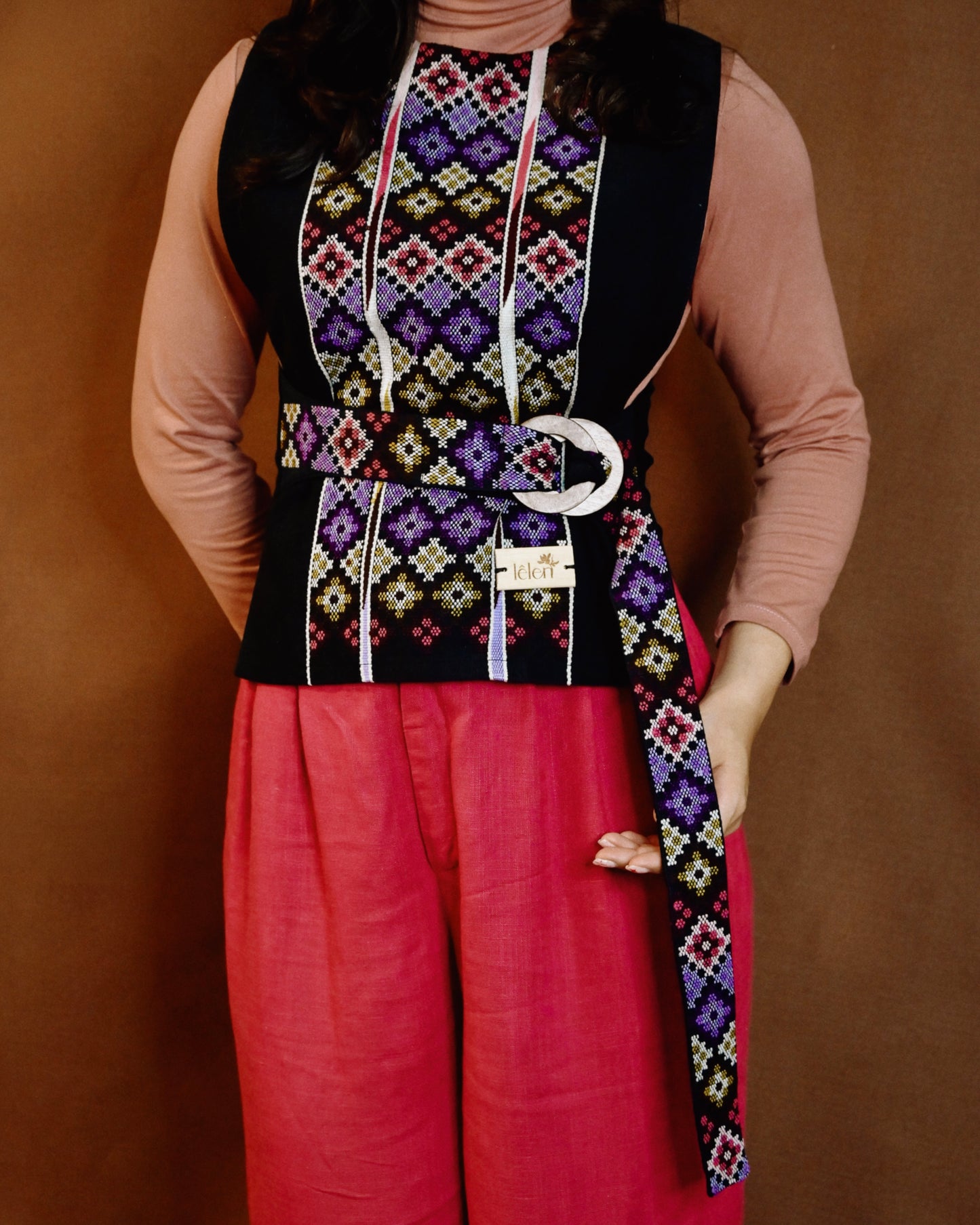 Handloom Vest Wooden Buckle Purple
