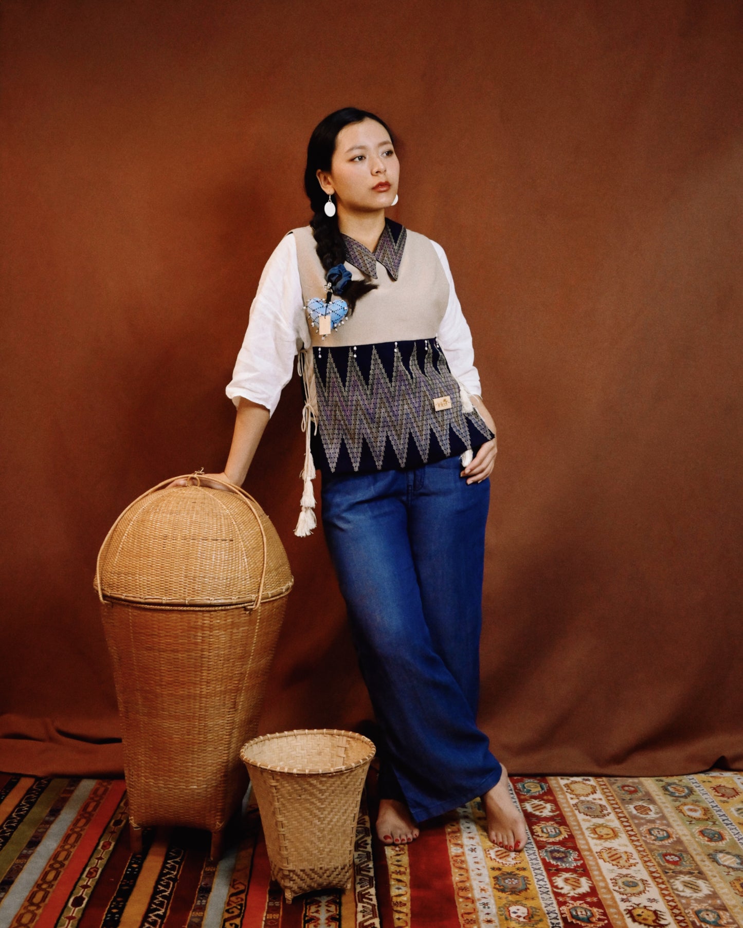 Collared Handloom Vest Beige