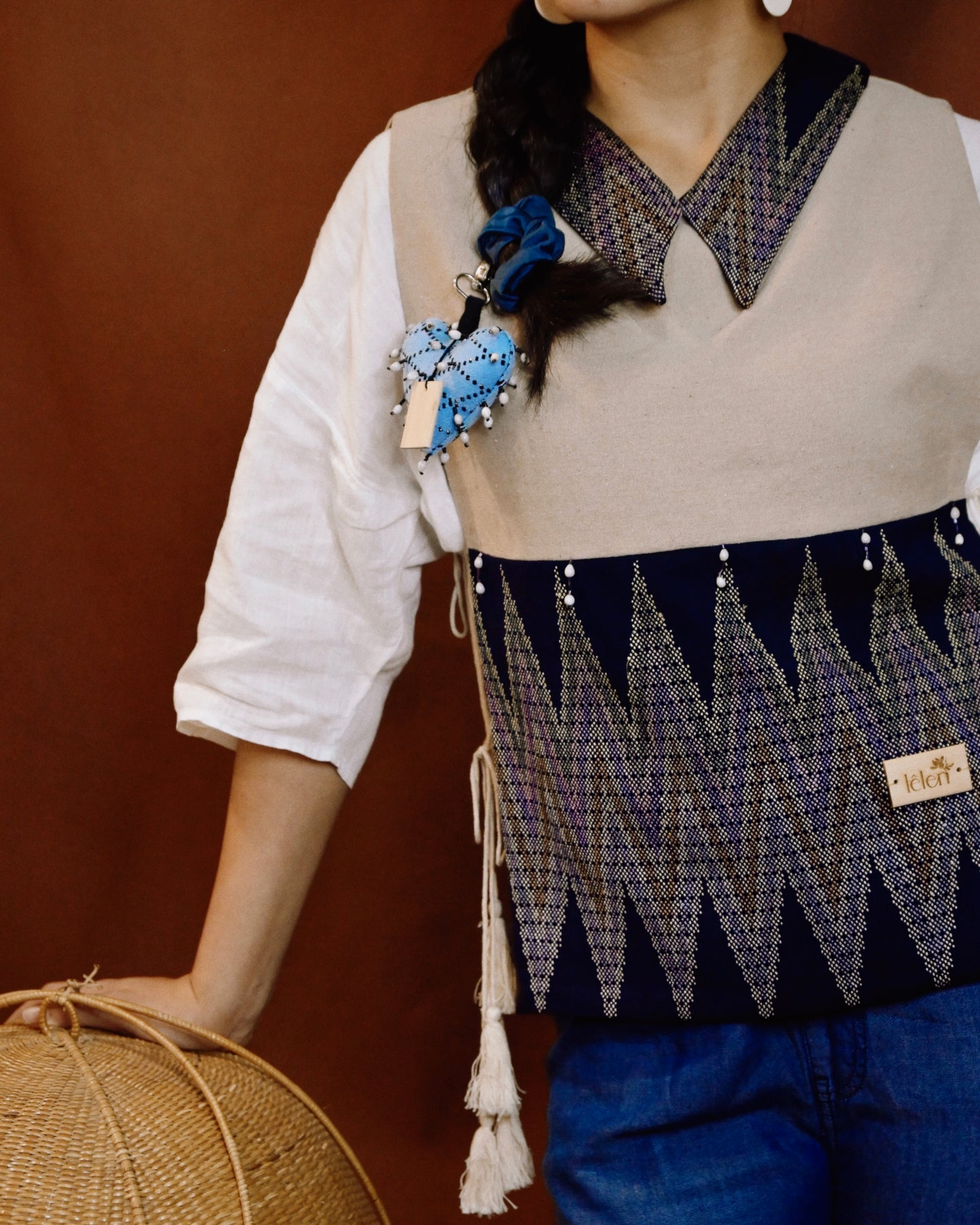 Collared Handloom Vest Beige